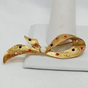 Hobe' vintage brooch ribbon bow with small colorful cabochons